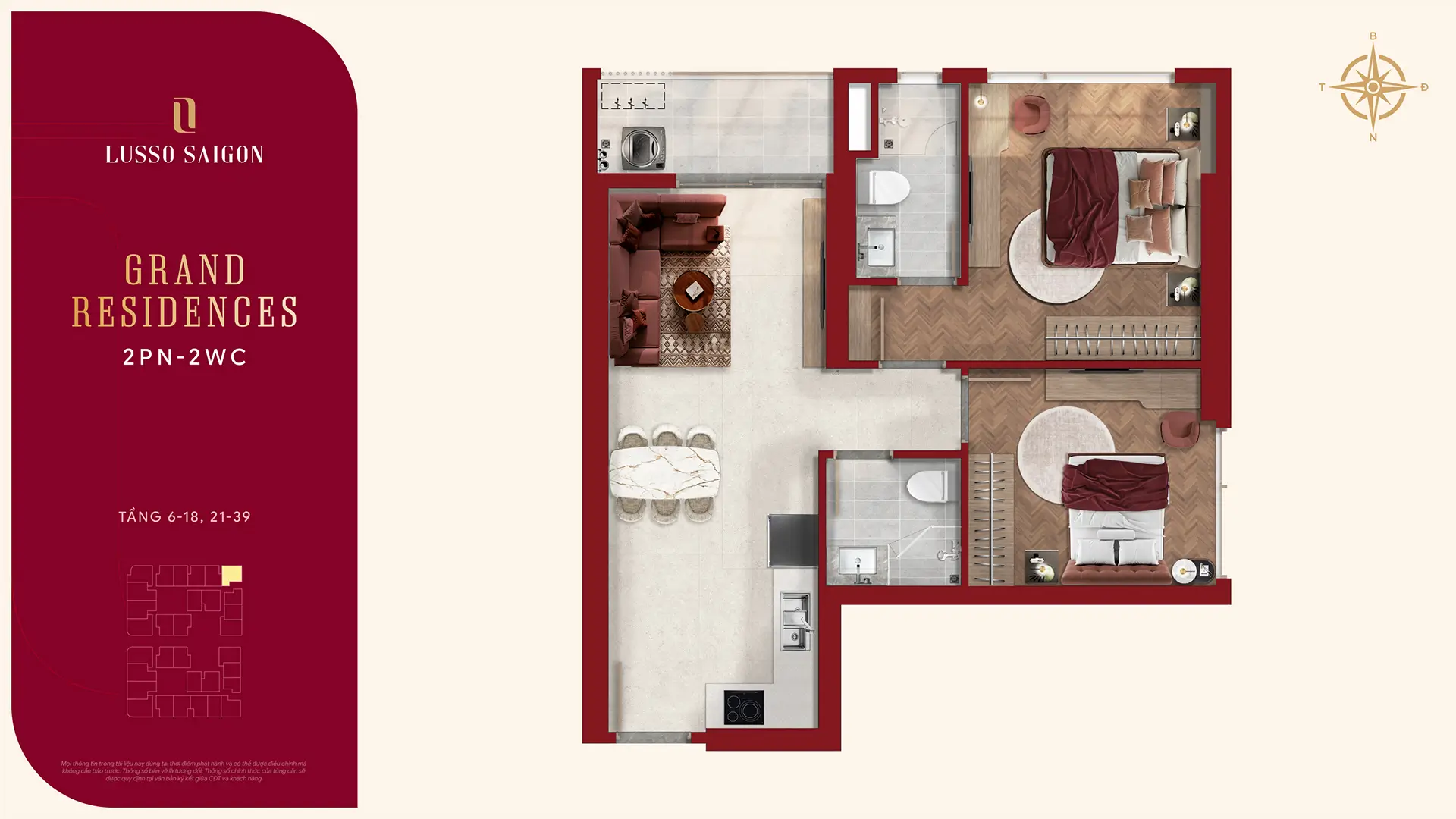Lusso Saigon – The World-Class Branded Residence 62 Mặt bằng Grand Residences 2PN 2WC Layout 1