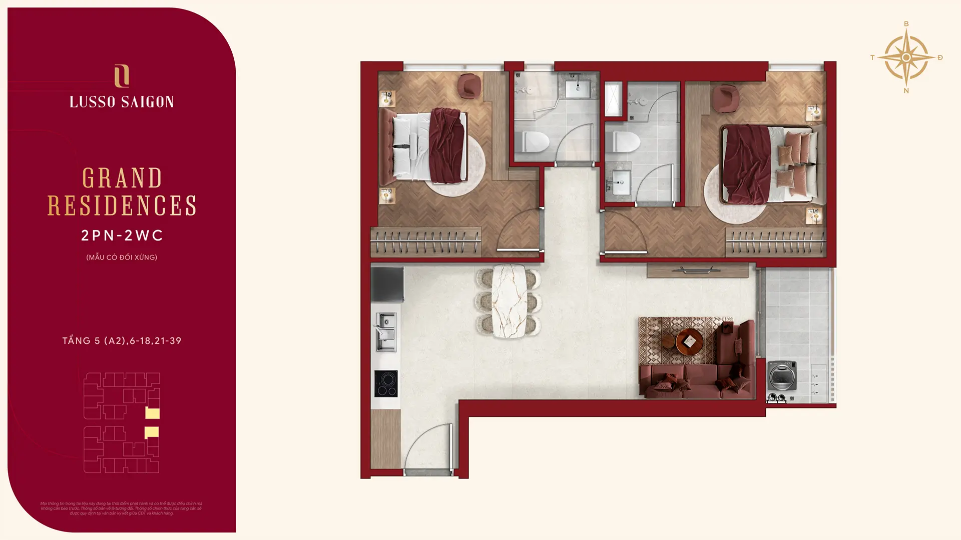 Lusso Saigon – The World-Class Branded Residence 63 Mặt bằng Grand Residences 2PN 2WC Layout 2