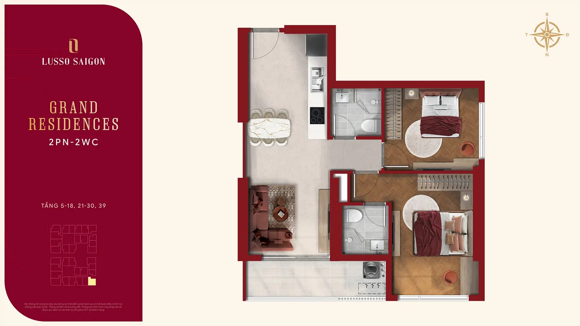 Lusso Saigon – The World-Class Branded Residence 64 Mặt bằng Grand Residences 2PN 2WC Layout 3