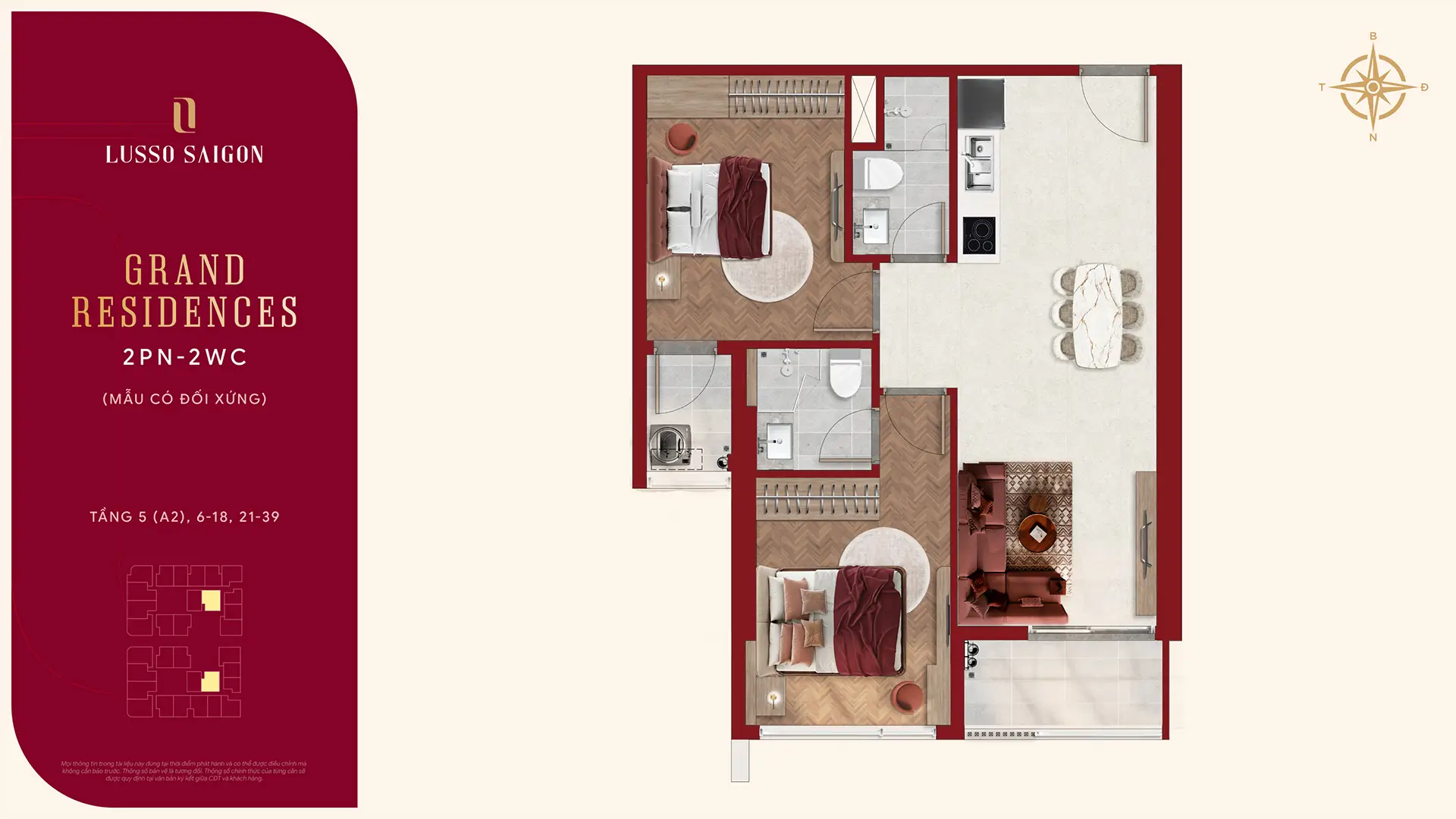 Lusso Saigon – The World-Class Branded Residence 65 Mặt bằng Grand Residences 2PN 2WC Layout 4