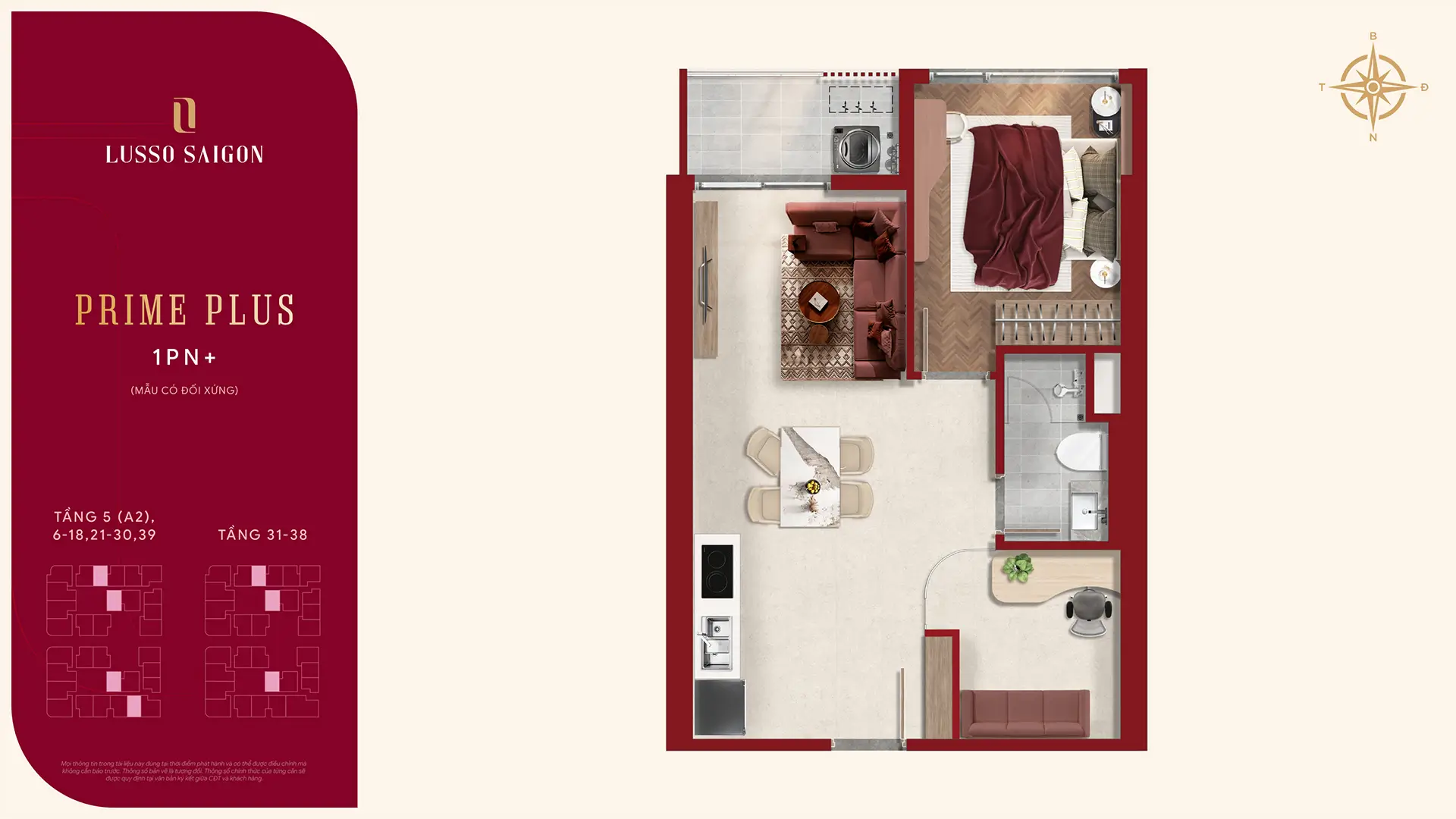 Lusso Saigon – The World-Class Branded Residence 59 Mặt bằng Prime Plus 1PN Layout 1
