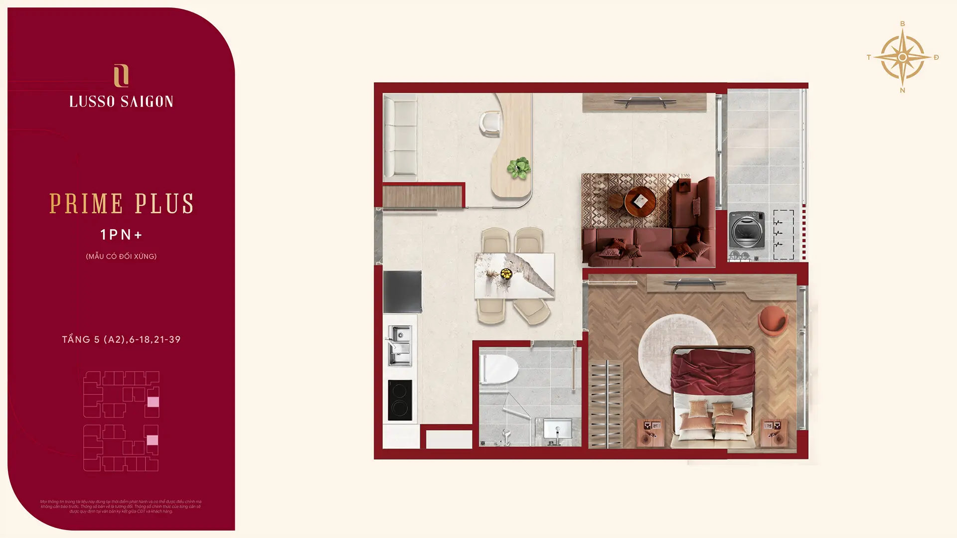 Lusso Saigon – The World-Class Branded Residence 60 Mặt bằng Prime Plus 1PN Layout 2