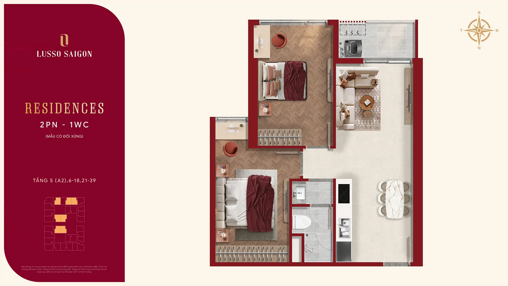 Lusso Saigon – The World-Class Branded Residence 61 Mặt bằng Residences 2PN 1WC