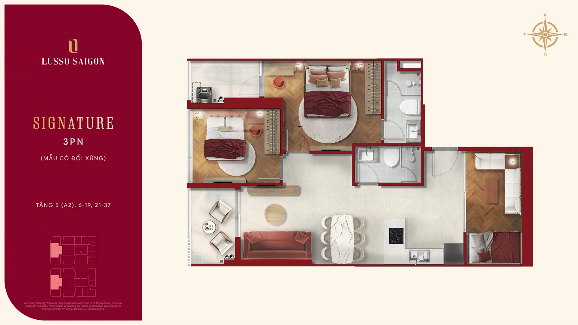 Lusso Saigon – The World-Class Branded Residence 66 Mặt bằng Signature 3PN Layout 1