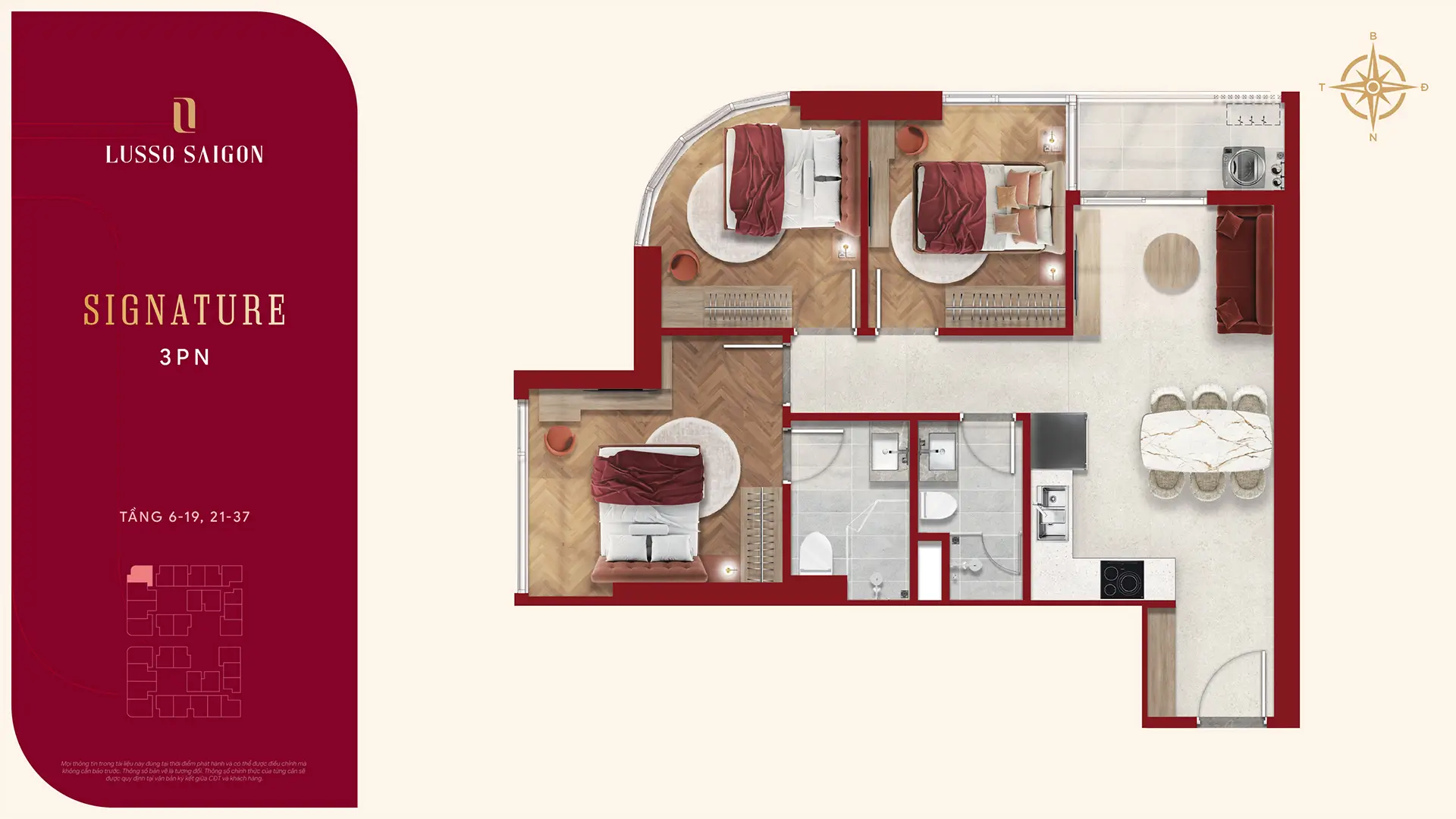 Lusso Saigon – The World-Class Branded Residence 67 Mặt bằng Signature 3PN Layout 2