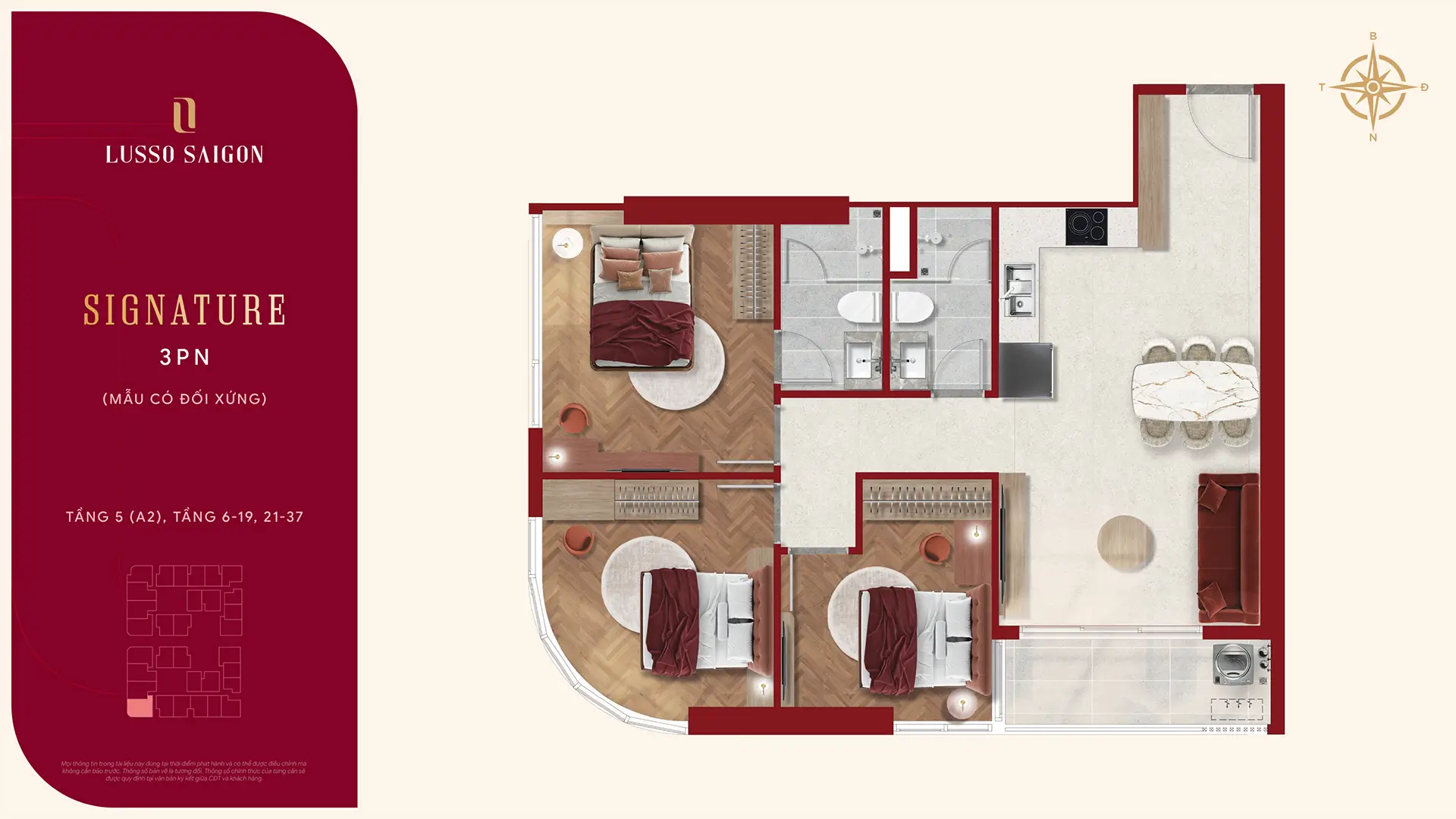 Lusso Saigon – The World-Class Branded Residence 68 Mặt bằng Signature 3PN Layout 3